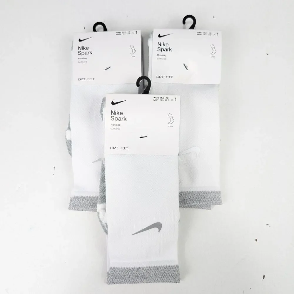 Nike Spark White Crew Running Socks 3 Pair Bundle - W11.5-13 - M10-11.5